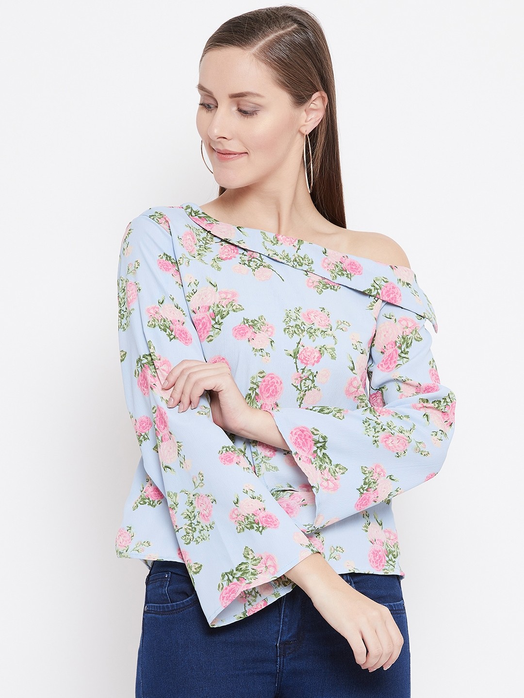 

Belle Fille Women Blue & Pink Printed One-Shoulder Top