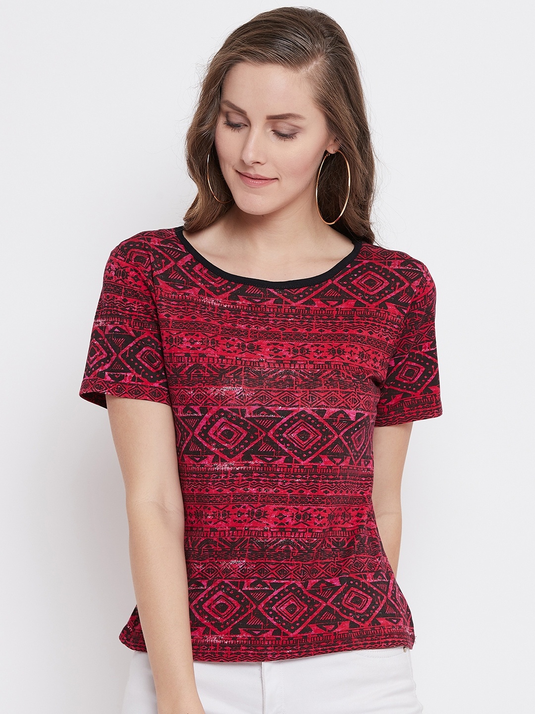

Belle Fille Women Red & Black Printed Round Neck T-shirt, Pink