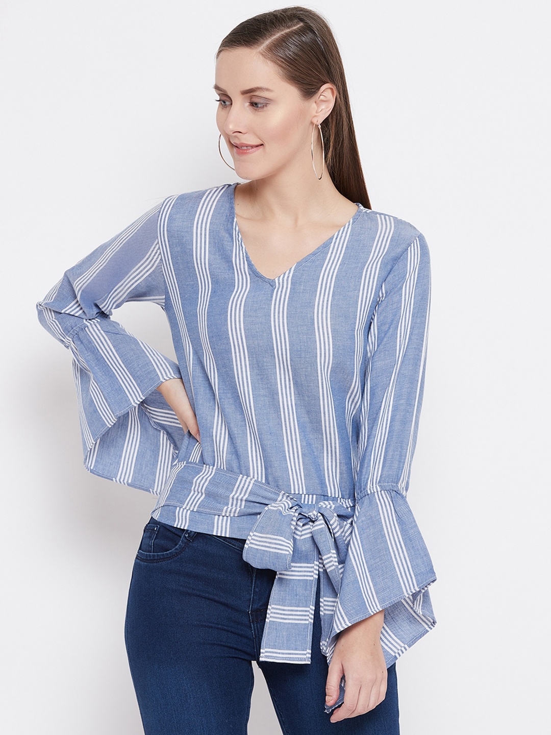 

Belle Fille Women Blue & White Striped Cinched Waist Pure Cotton Top