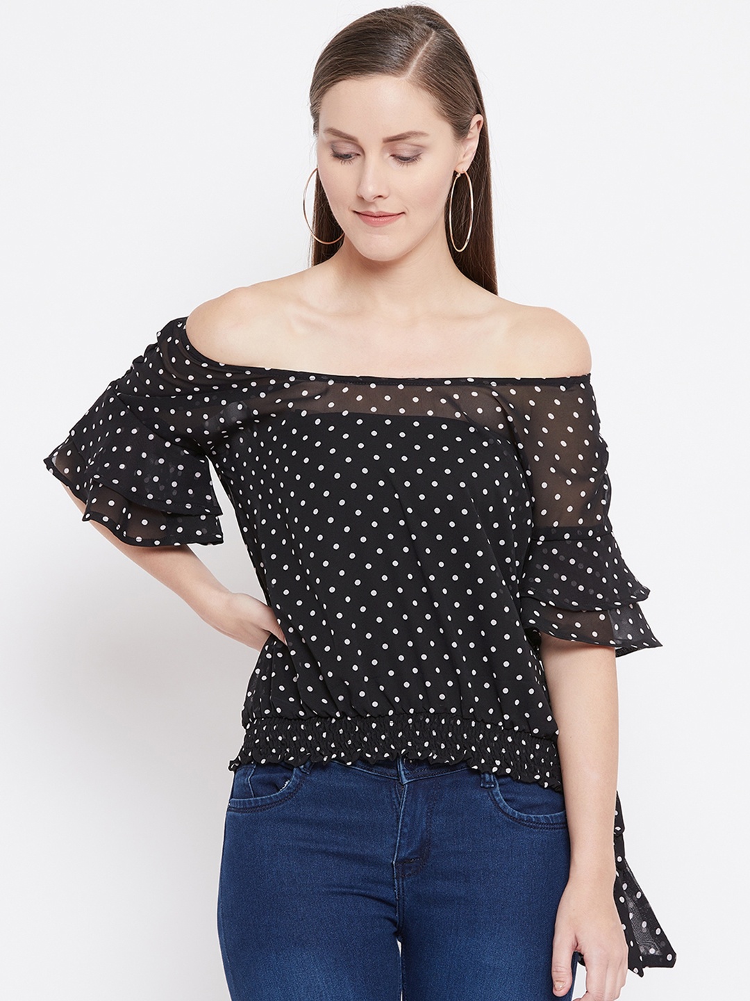 

Belle Fille Women Black & White Printed Semi-Sheer Bardot Top