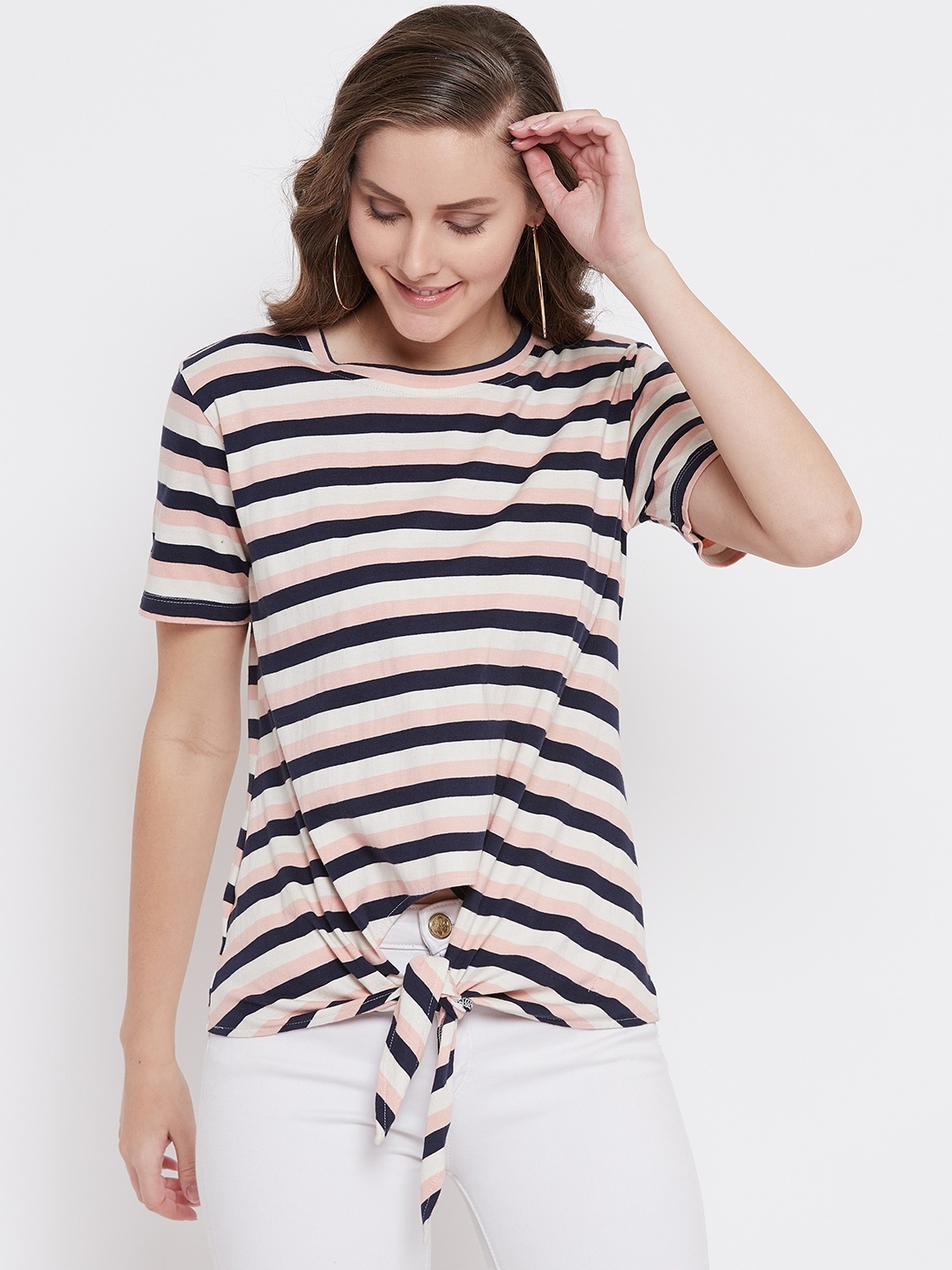 

Belle Fille Women Navy Blue & Pink Striped Pure Cotton Top