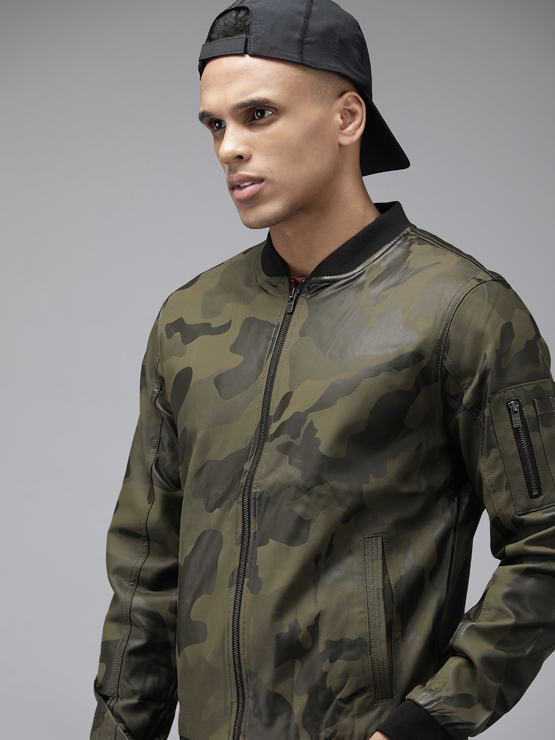 

Pepe Jeans Men Olive Green Camouflage Biker Jacket