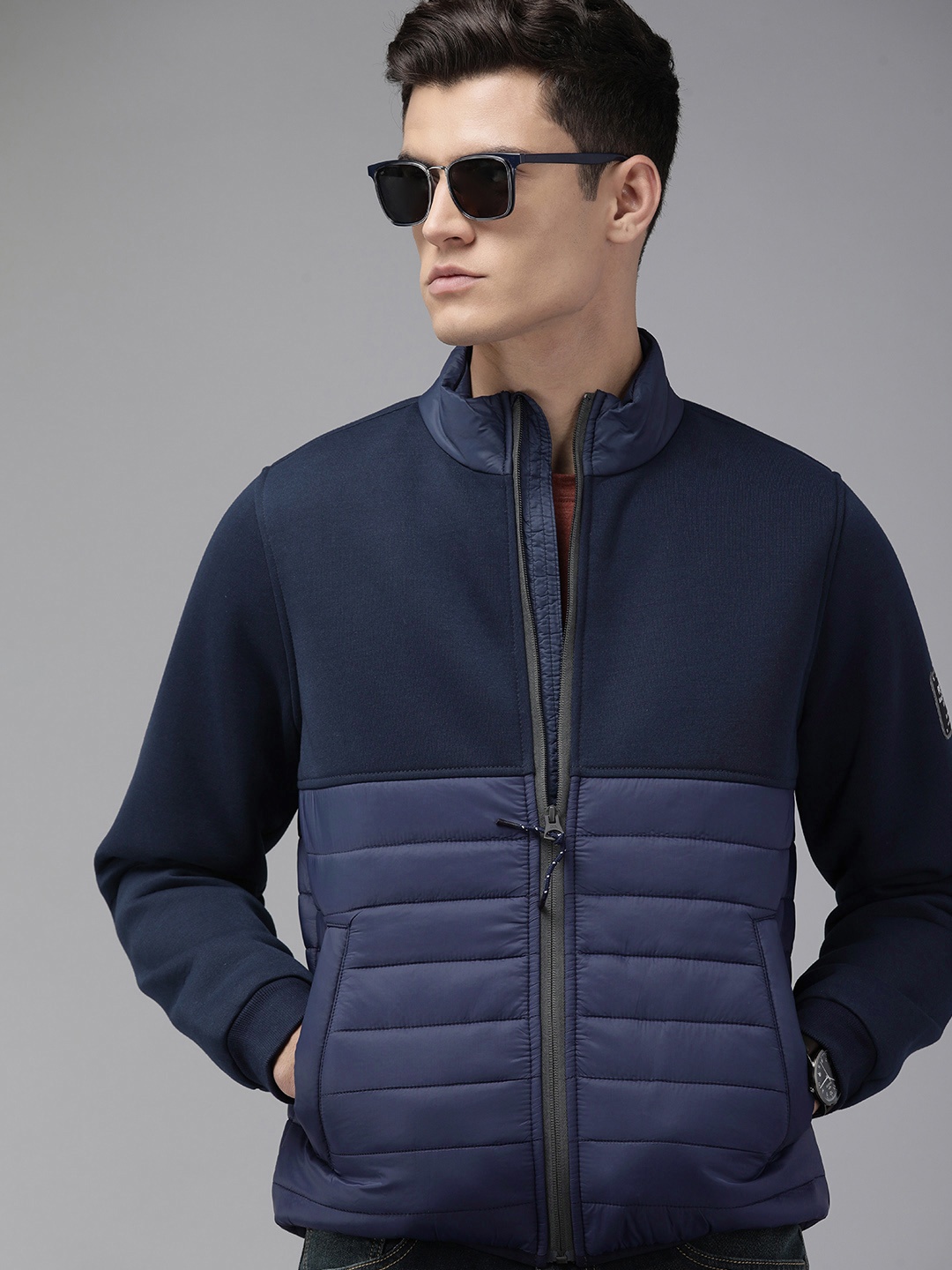 

Pepe Jeans Men Navy Blue Colourblocked Mock-Collar Quilted Jacket