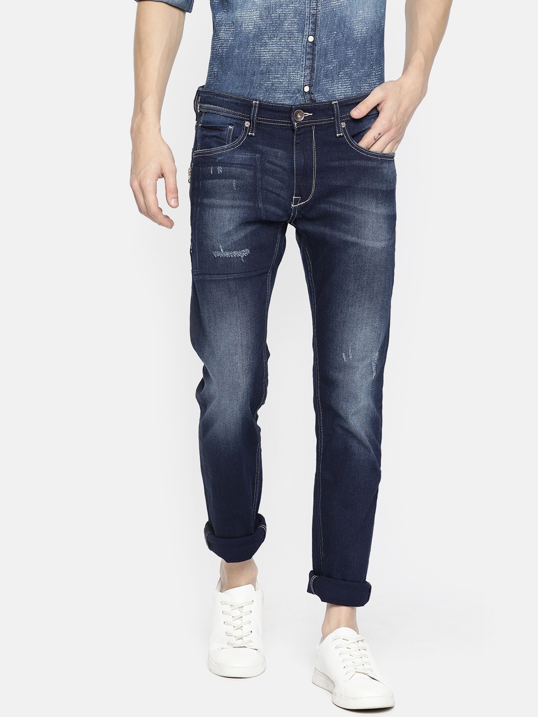 

Pepe Jeans Men Blue Pace Vapour Slim Fit Mid-Rise Low Distress Stretchable Jeans
