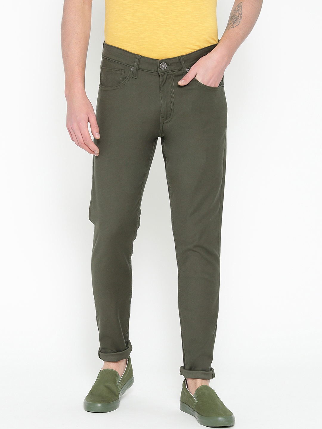 

Pepe Jeans Men Olive Green Super Skinny Fit Mid-Rise Clean Look Stretchable Jeans