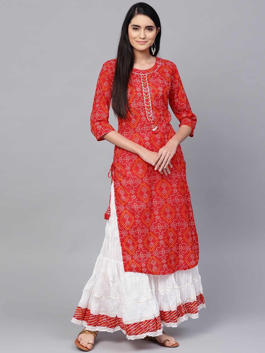 

Ishin Women Red & White Printed Bandhani Kurta with Skirt