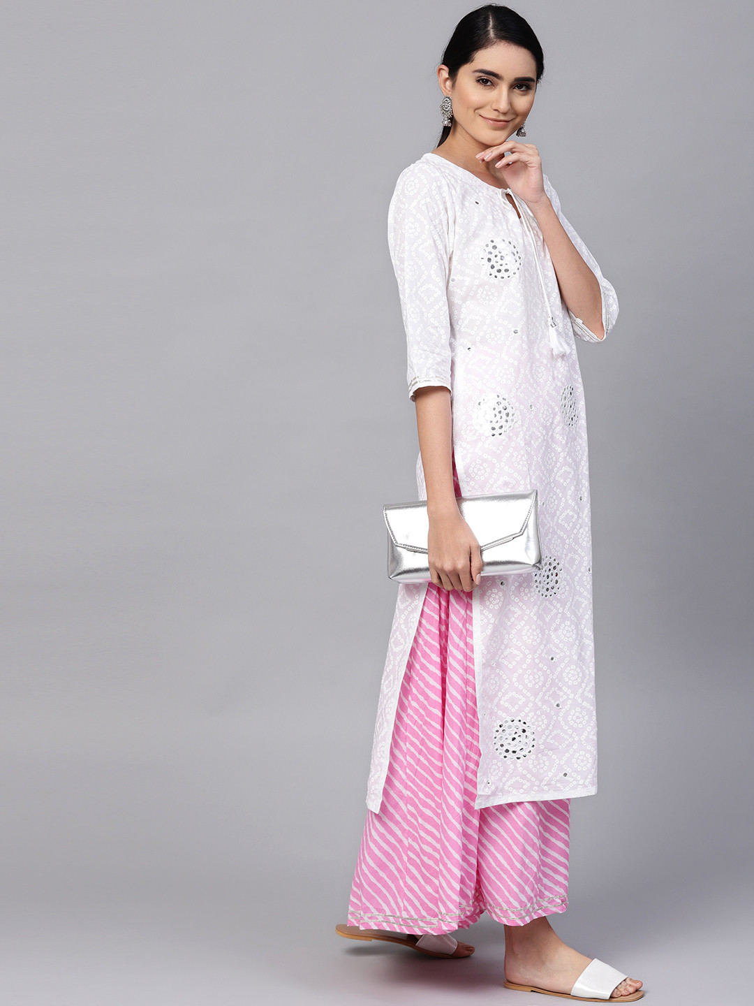 

Ishin Women White & Pink Printed Kurta with Palazzos