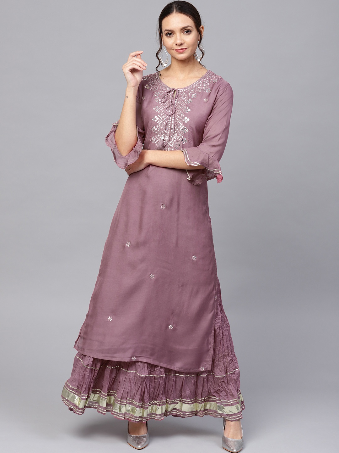 

Ishin Women Mauve & Silver Mirror Work Kurta with Skirt