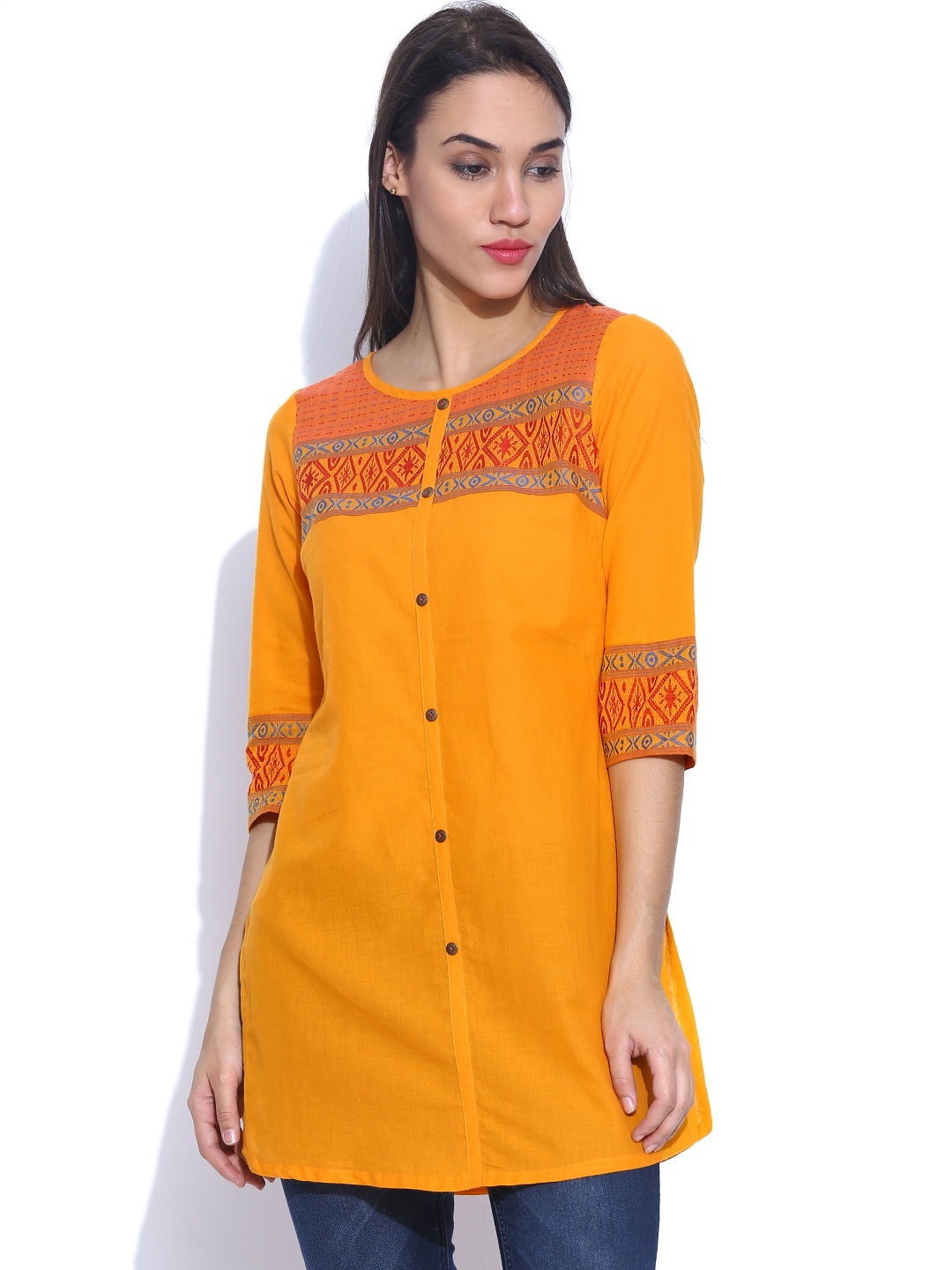 

Aurelia Yellow Woven Design Kurti