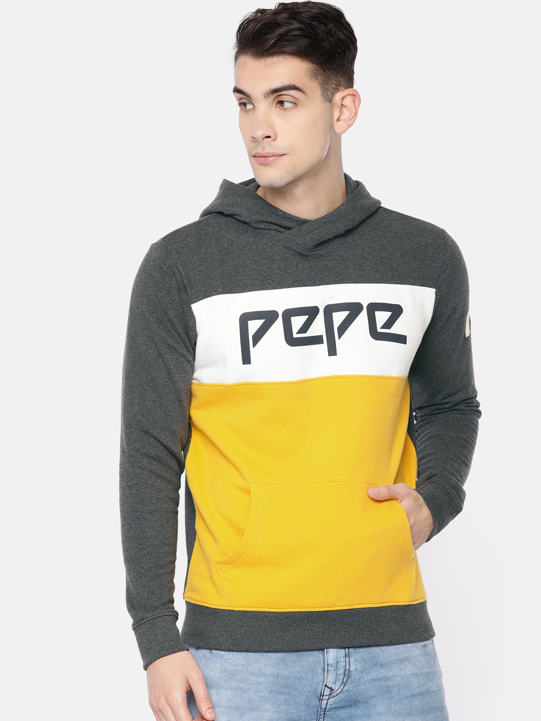 

Pepe Jeans Men Grey & Yellow Colourblocked Hooded Sweatshirt