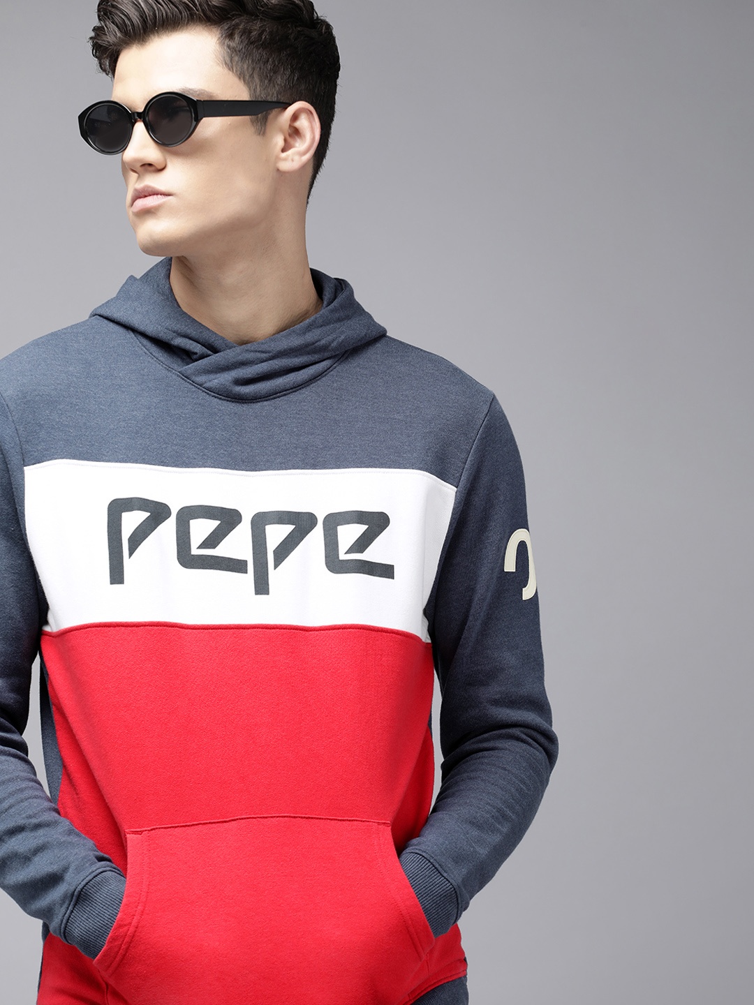 

Pepe Jeans Men Navy Blue & Red Colourblocked Hooded Sweatshirt