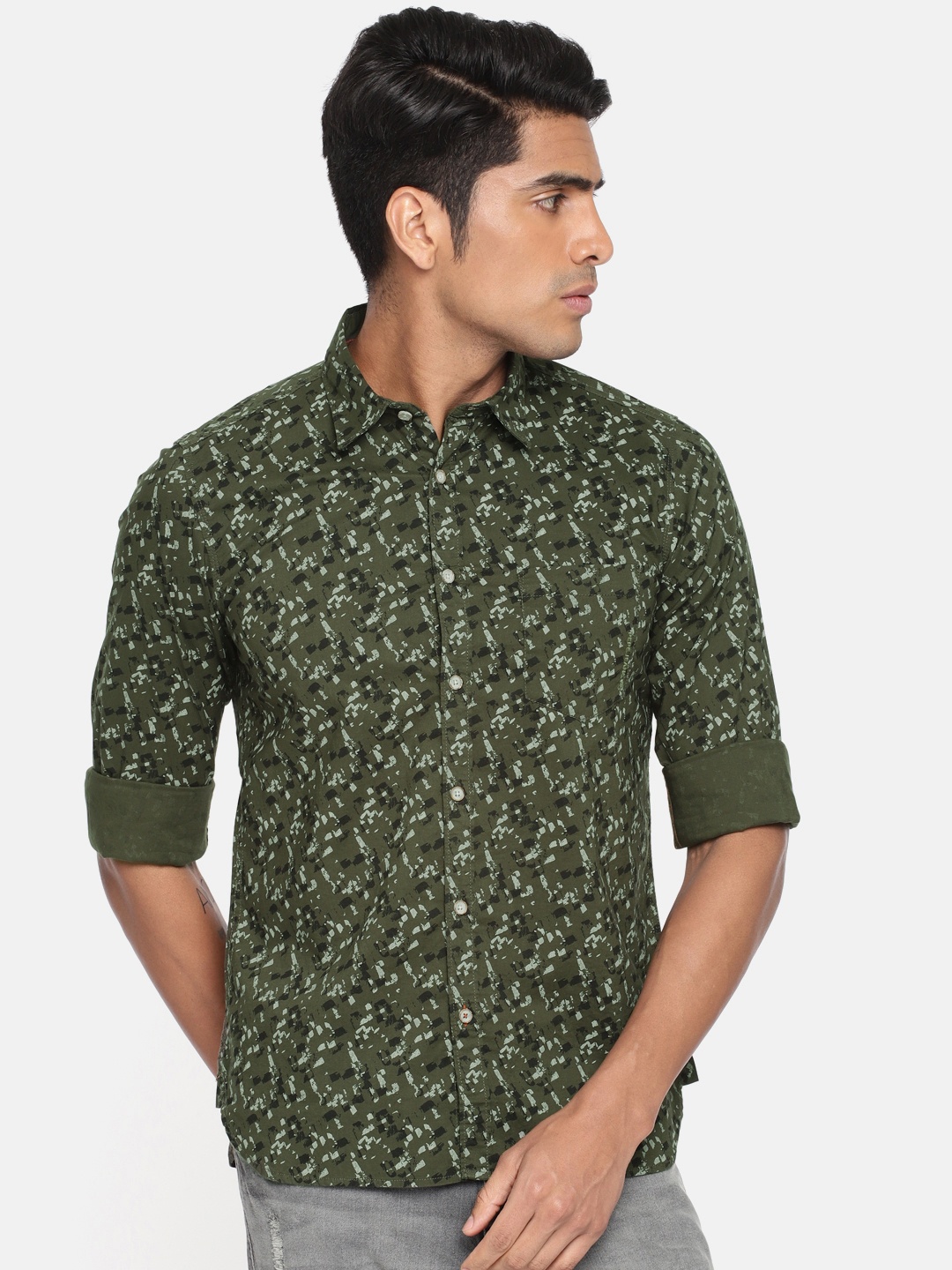 

Pepe Jeans Men Olive Green & Grey Regular Fit Printed Casual Shirt