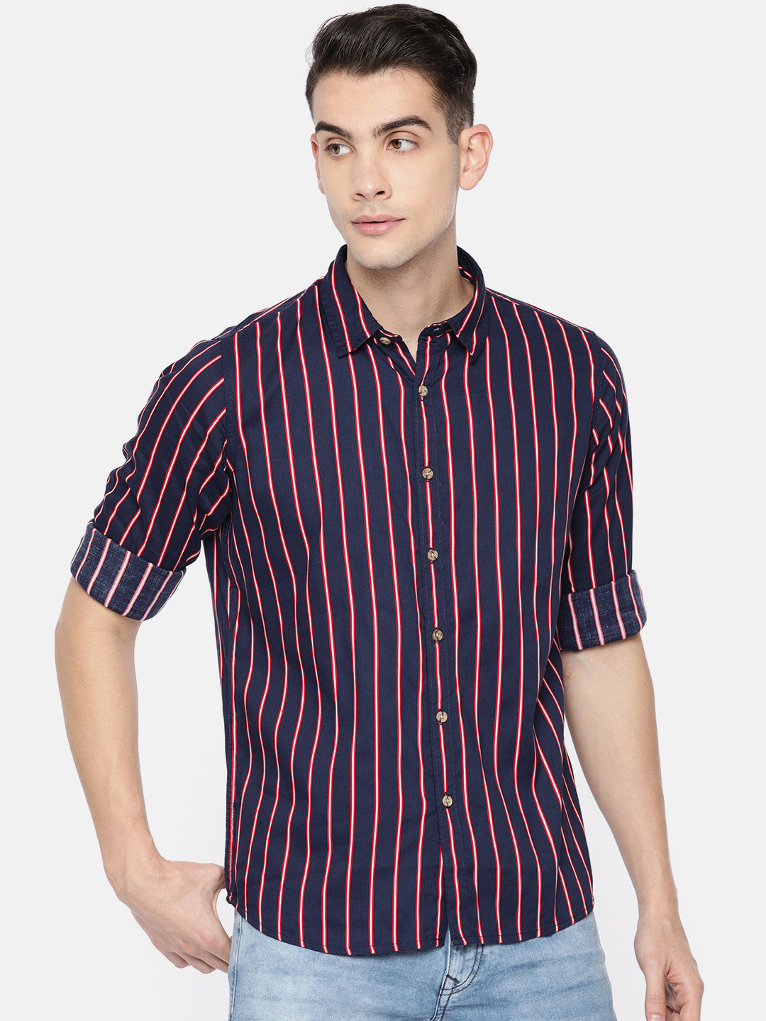 

Pepe Jeans Men Navy Blue & Red Regular Fit Striped Casual Shirt