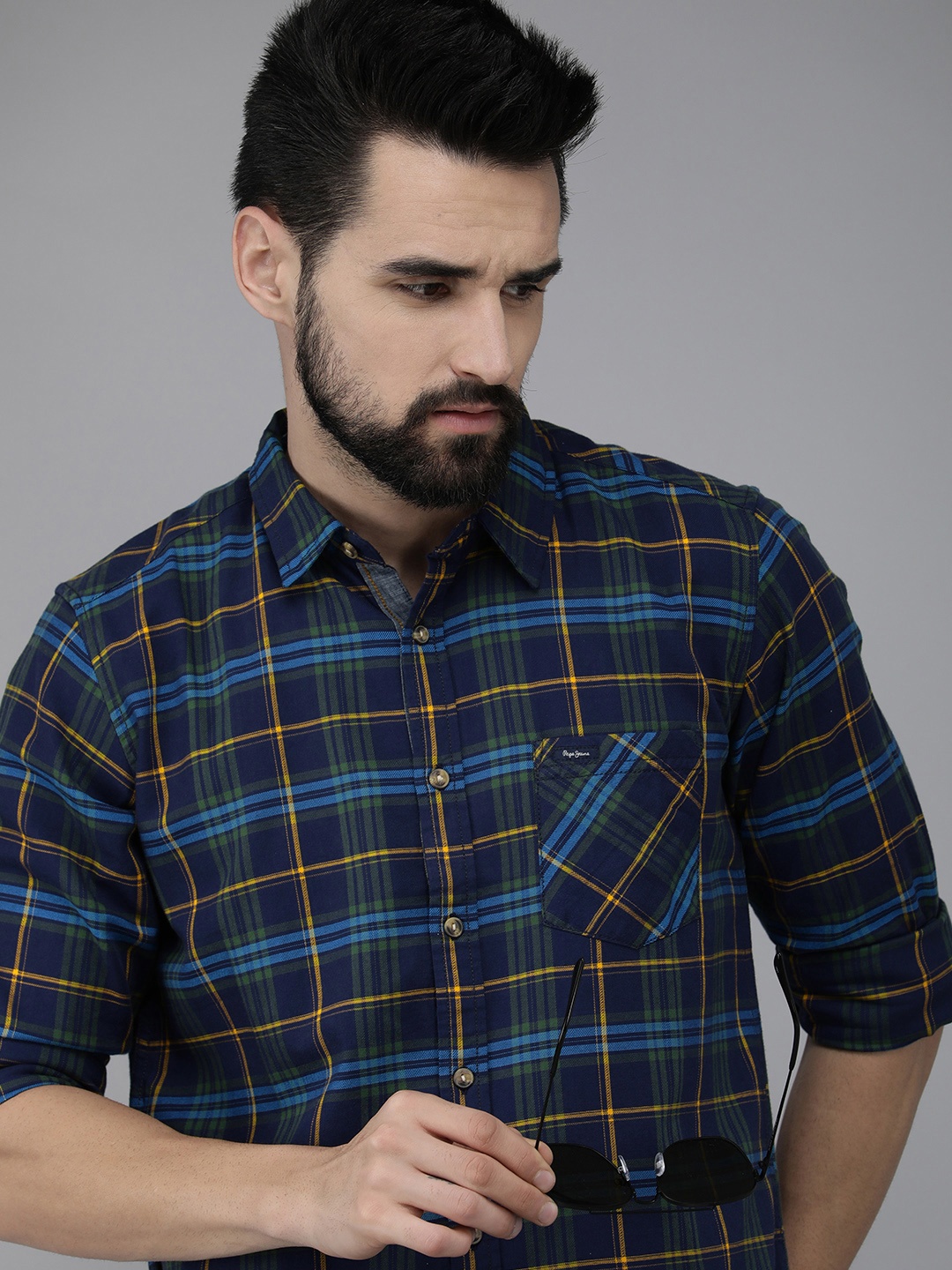 

Pepe Jeans Men Navy Blue & Yellow Checked Pure Cotton Casual Shirt