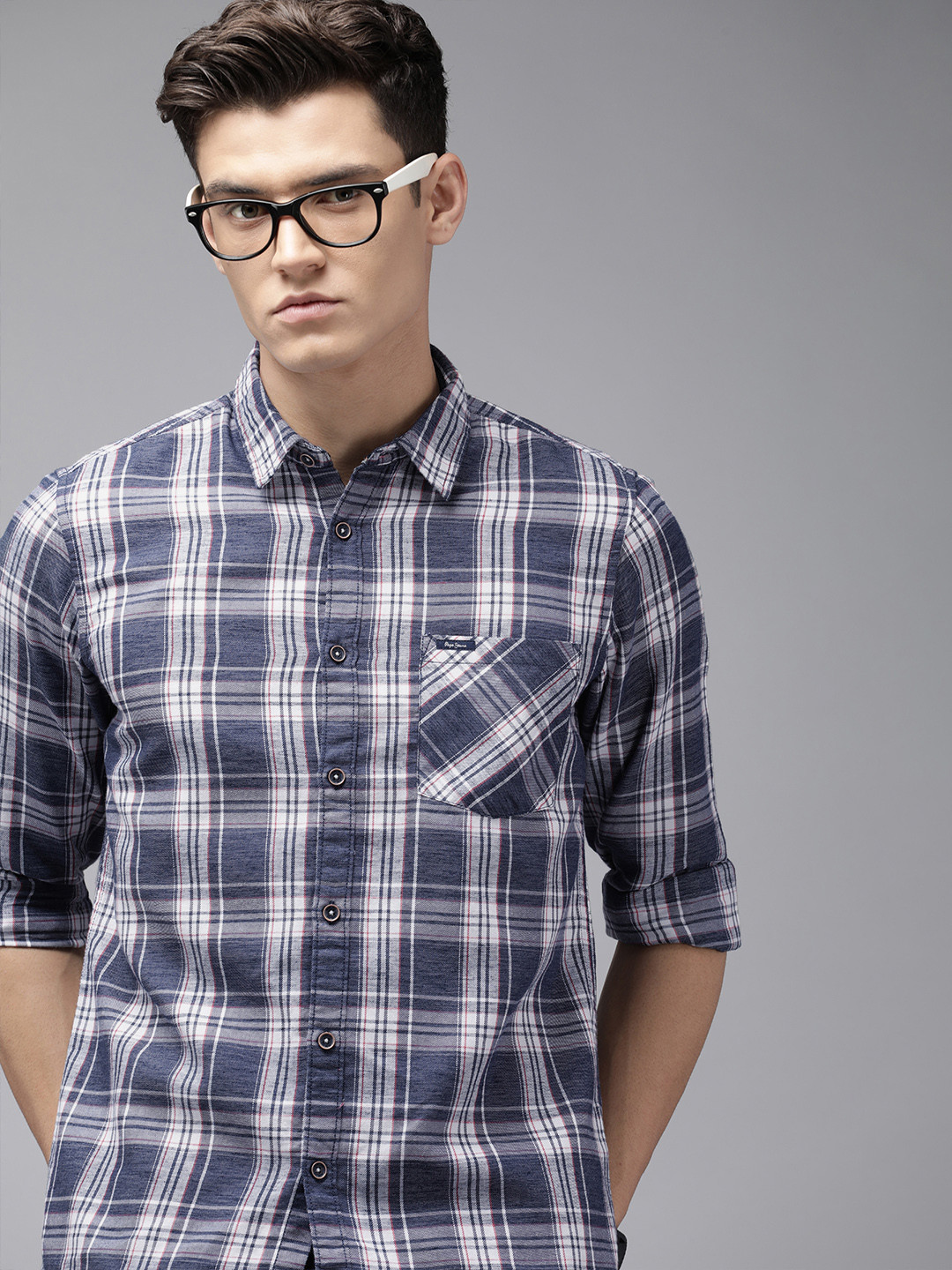 

Pepe Jeans Men Navy Blue & Grey Checked Pure Cotton Casual Shirt