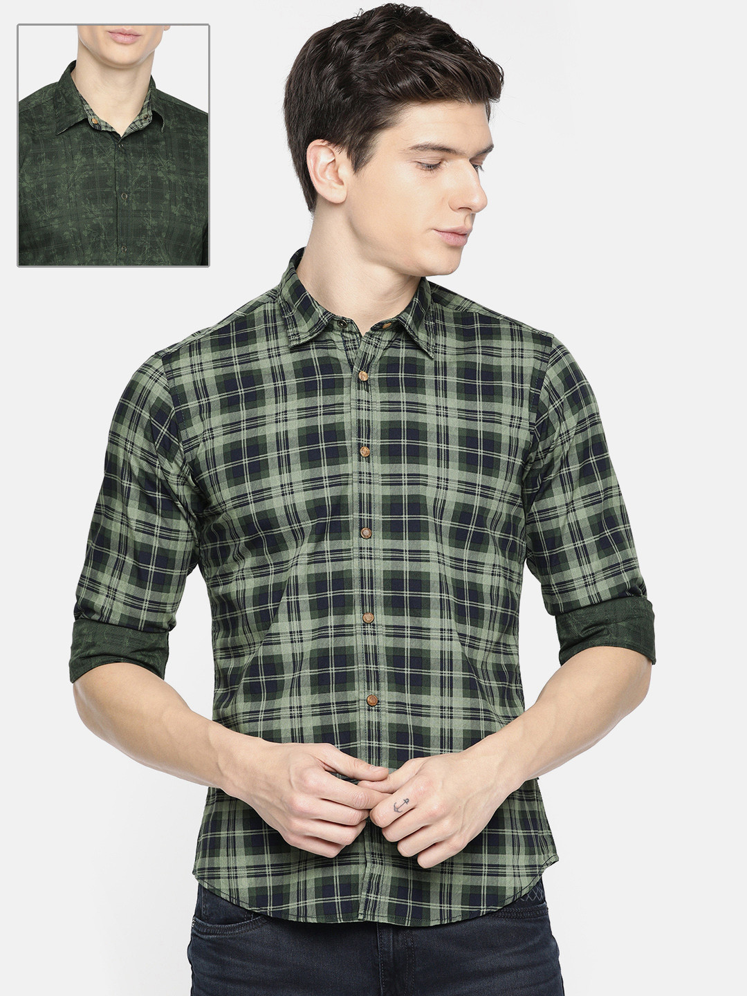 

Pepe Jeans Men Olive Green & Navy Blue Regular Fit Checked Reversible Casual Shirt