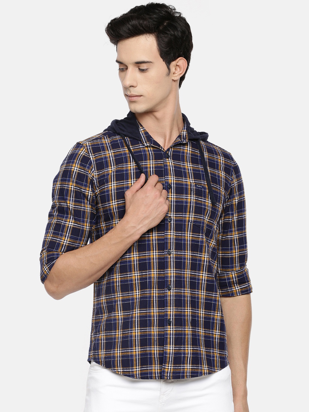 

Pepe Jeans Men Navy Blue & Yellow Regular Fit Checked Hooded Casual Shirt