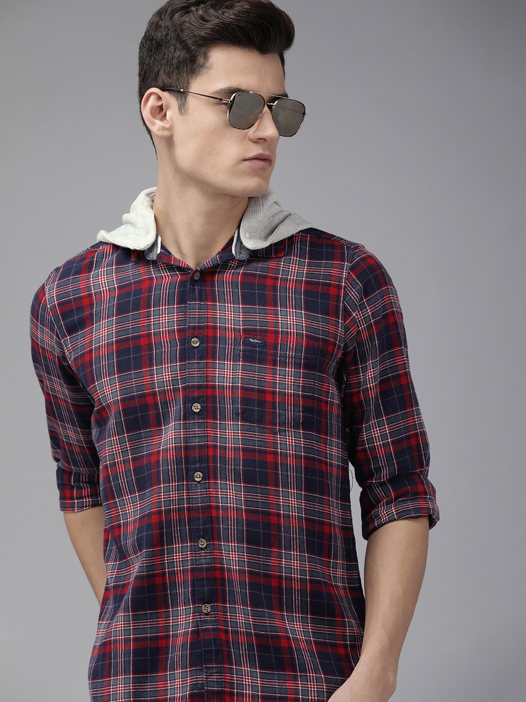 

Pepe Jeans Men Red And Blue Checked Pure Cotton Casual Shirt With Detachable Hood
