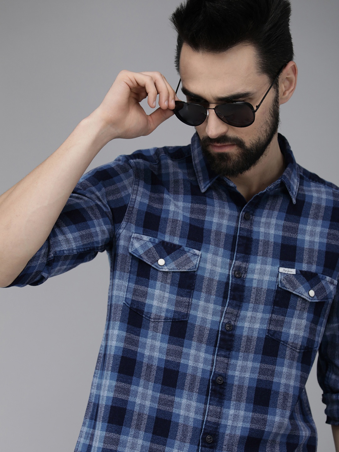 

Pepe Jeans Men Navy Blue Checked Pure Cotton Casual Shirt
