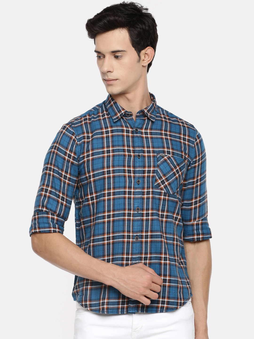 

Pepe Jeans Men Teal Blue & White Regular Fit Checked Casual Shirt
