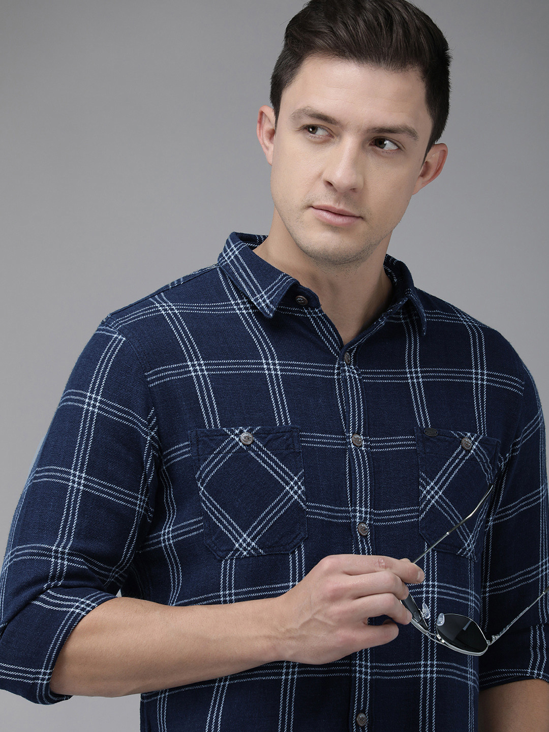 

Pepe Jeans Men Navy Blue Checked Pure Cotton Casual Shirt