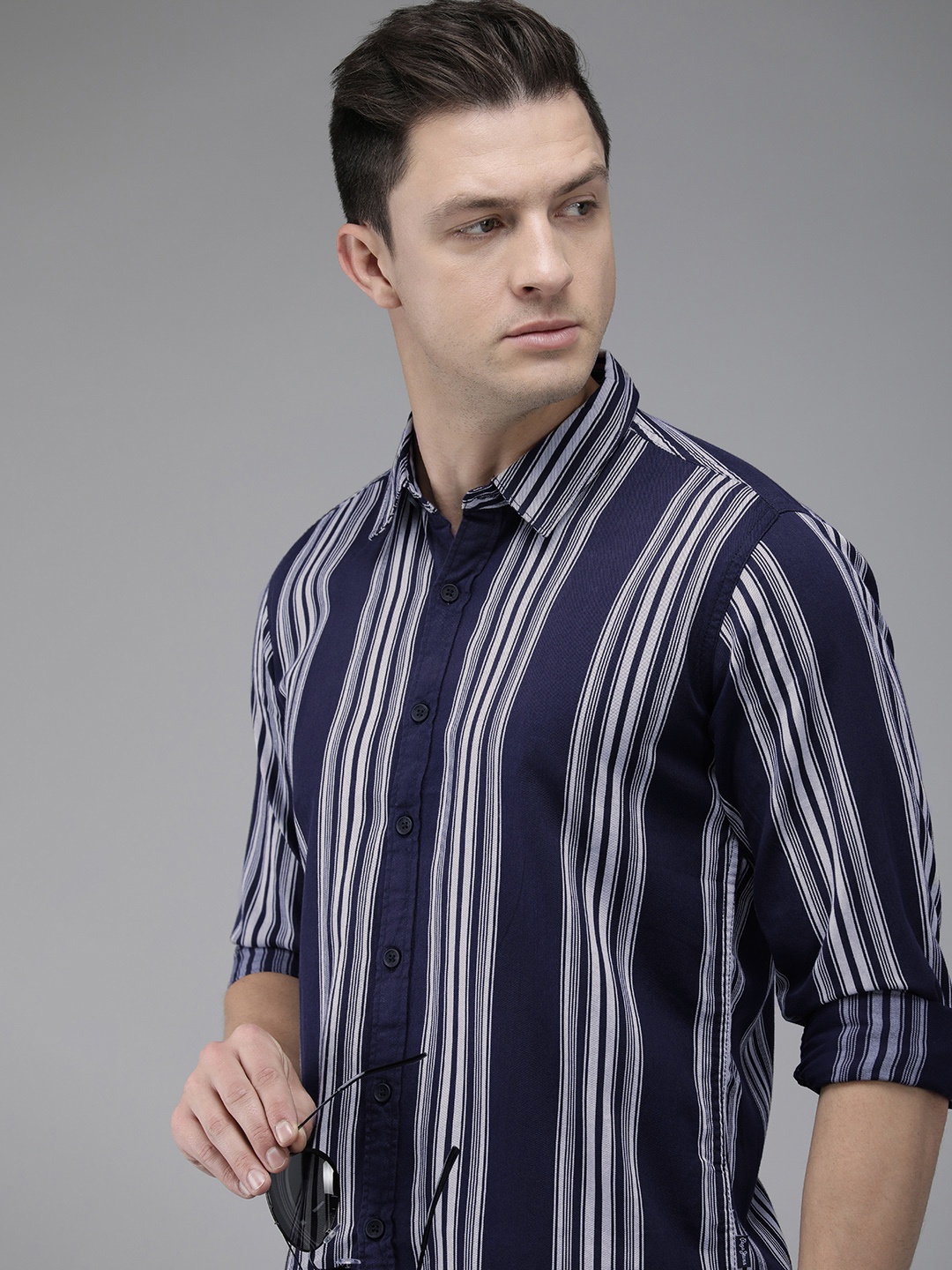 

Pepe Jeans Men Navy Blue Striped Pure Cotton Casual Shirt