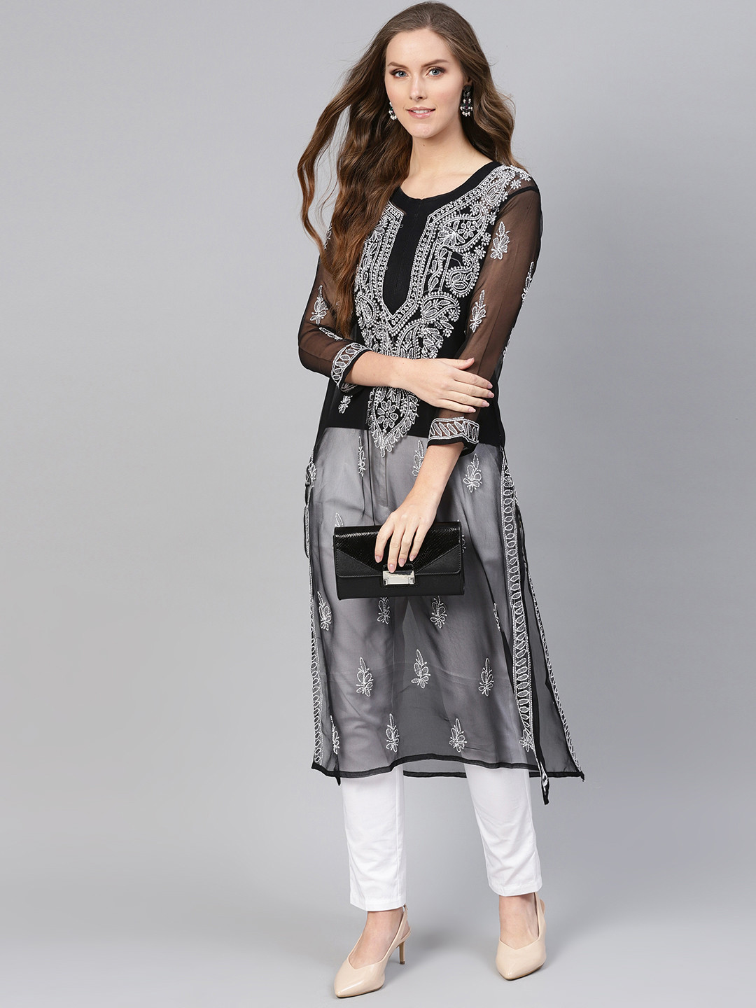 

Saadgi Women Black & White Handloom Chikankari Embroidered Sheer Straight Kurta