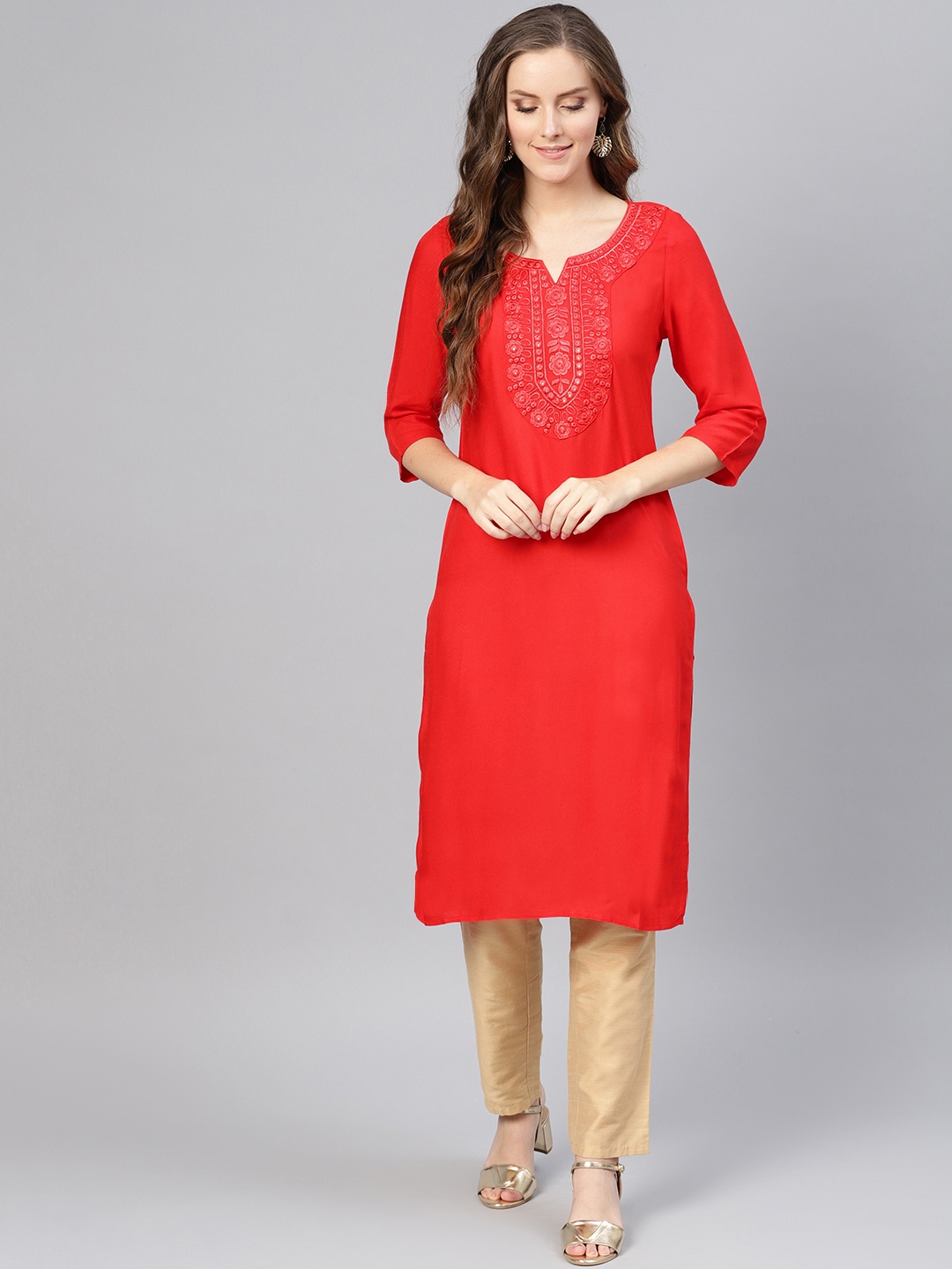

Saadgi Women Red Yoke Design Straight Kurta
