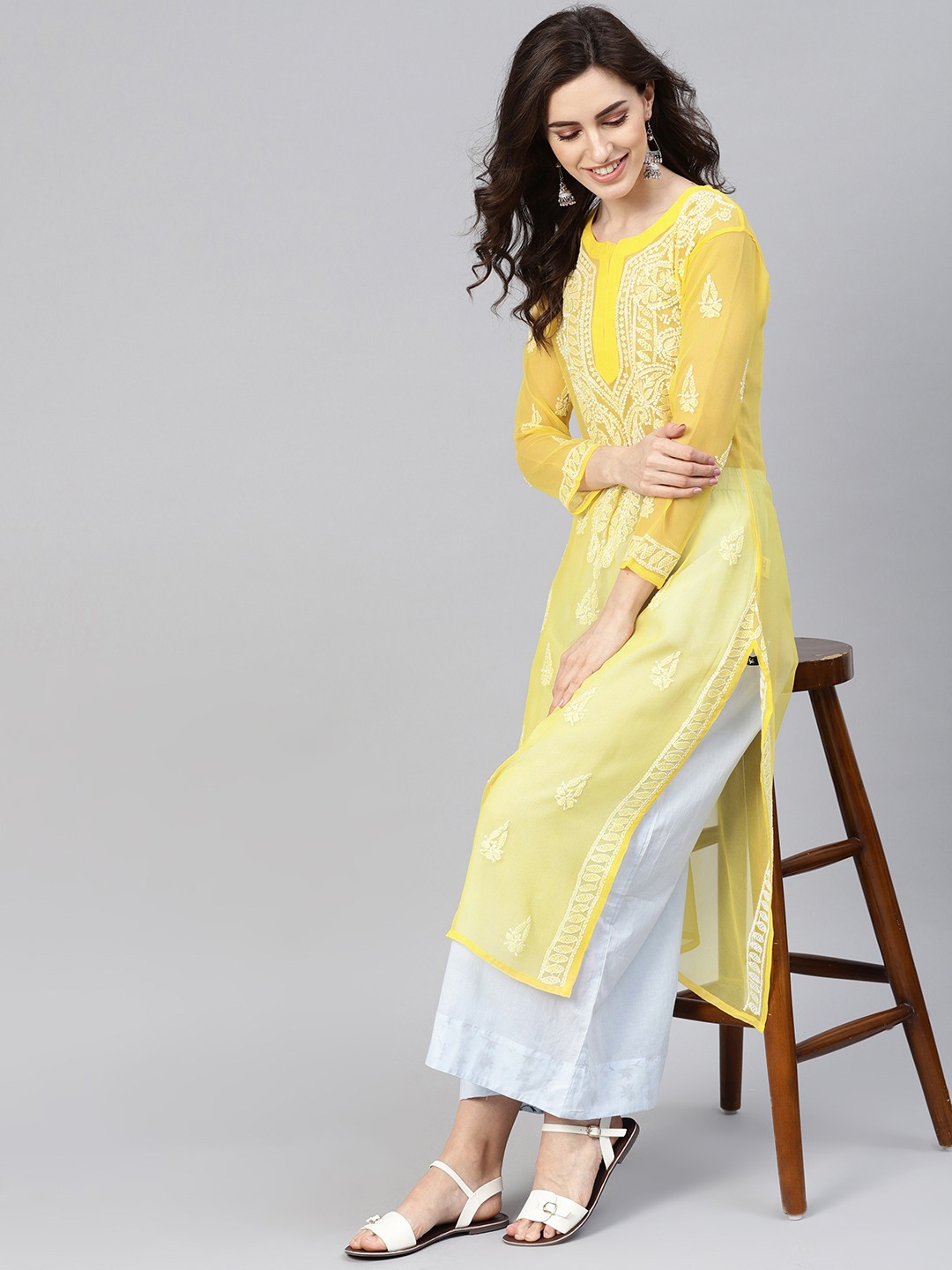 

Saadgi Women Yellow & White Handloom Chikankari Embroidered Sheer Straight Kurta