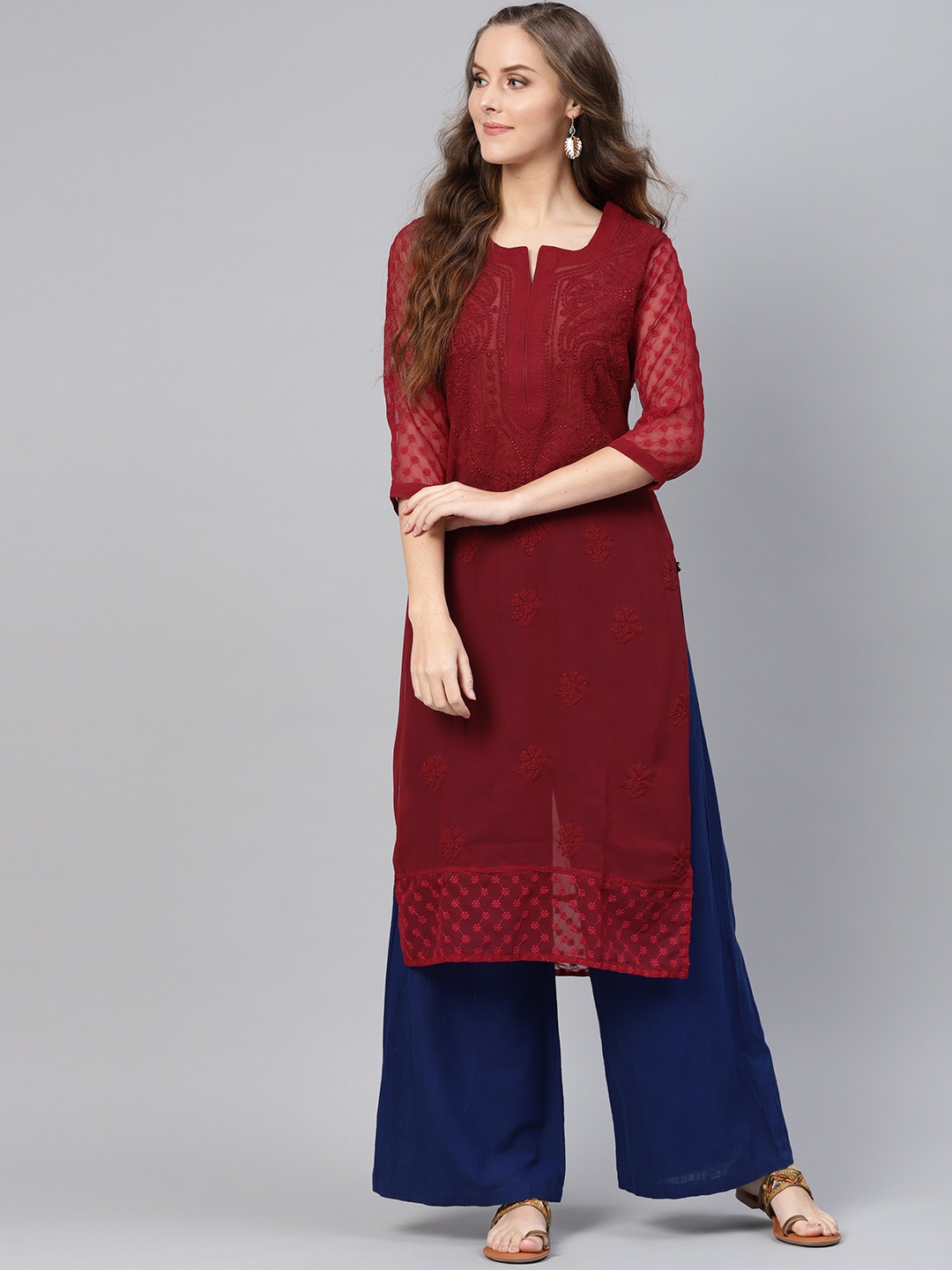 

Saadgi Women Maroon Chikankari Embroidered Sheer Straight Kurta