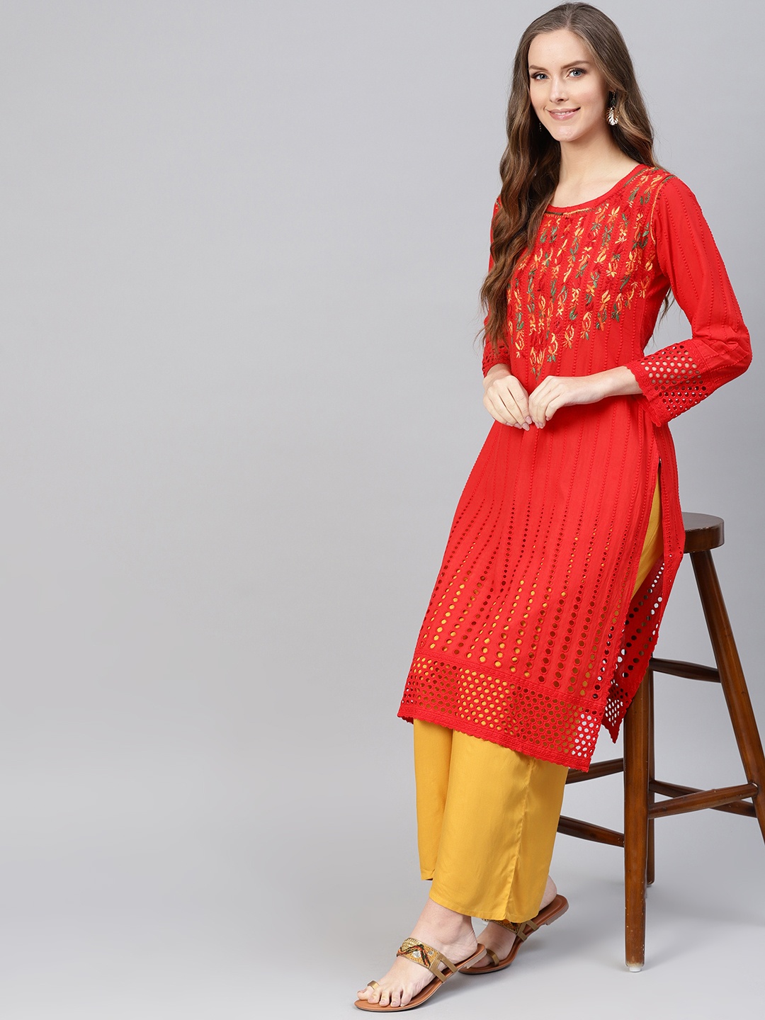 

Saadgi Women Re & Yellow Handloom Chikankari Embroidered Straight Kurta, Red