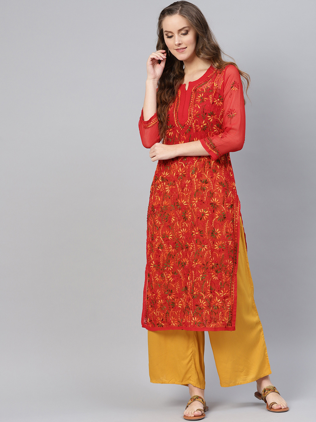 

Saadgi Women Red & Yellow Chikankari Embroidered Sheer Straight Kurta