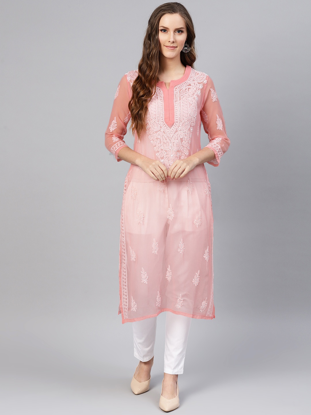 

Saadgi Women Coral Pink & White Embroidered Handloom Sheer Straight Kurta