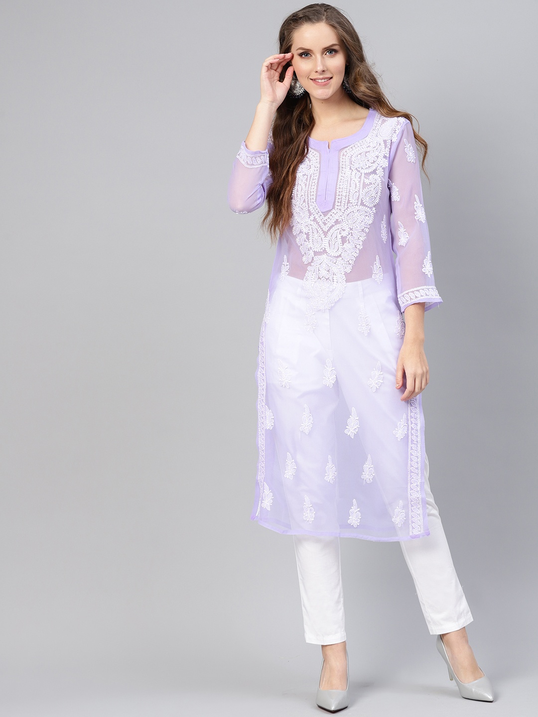 

Saadgi Women Purple & White Chikankari Embroidered Handloom Sheer Straight Kurta