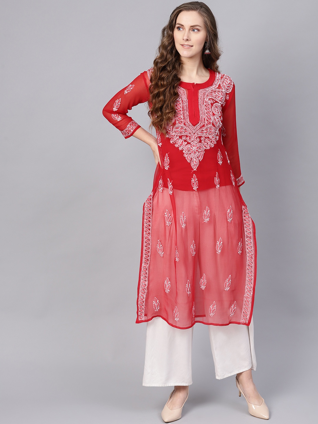 

Saadgi Women Red & White Chikankari Embroidered Handloom Sheer Straight Kurta