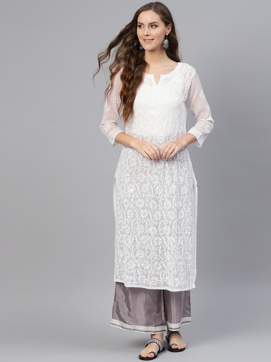 

Saadgi Women White Chikankari Floral Embroidered Handloom Sheer Straight Kurta