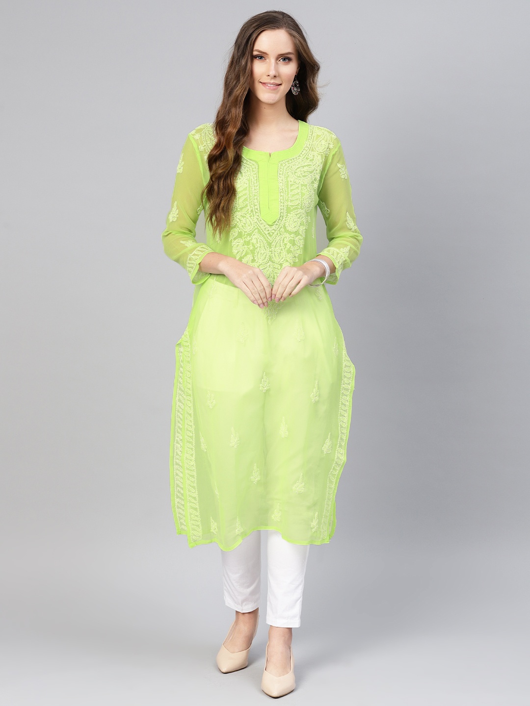 

Saadgi Women Lime Green & White Chikankari Embroidered Handloom Straight Kurta