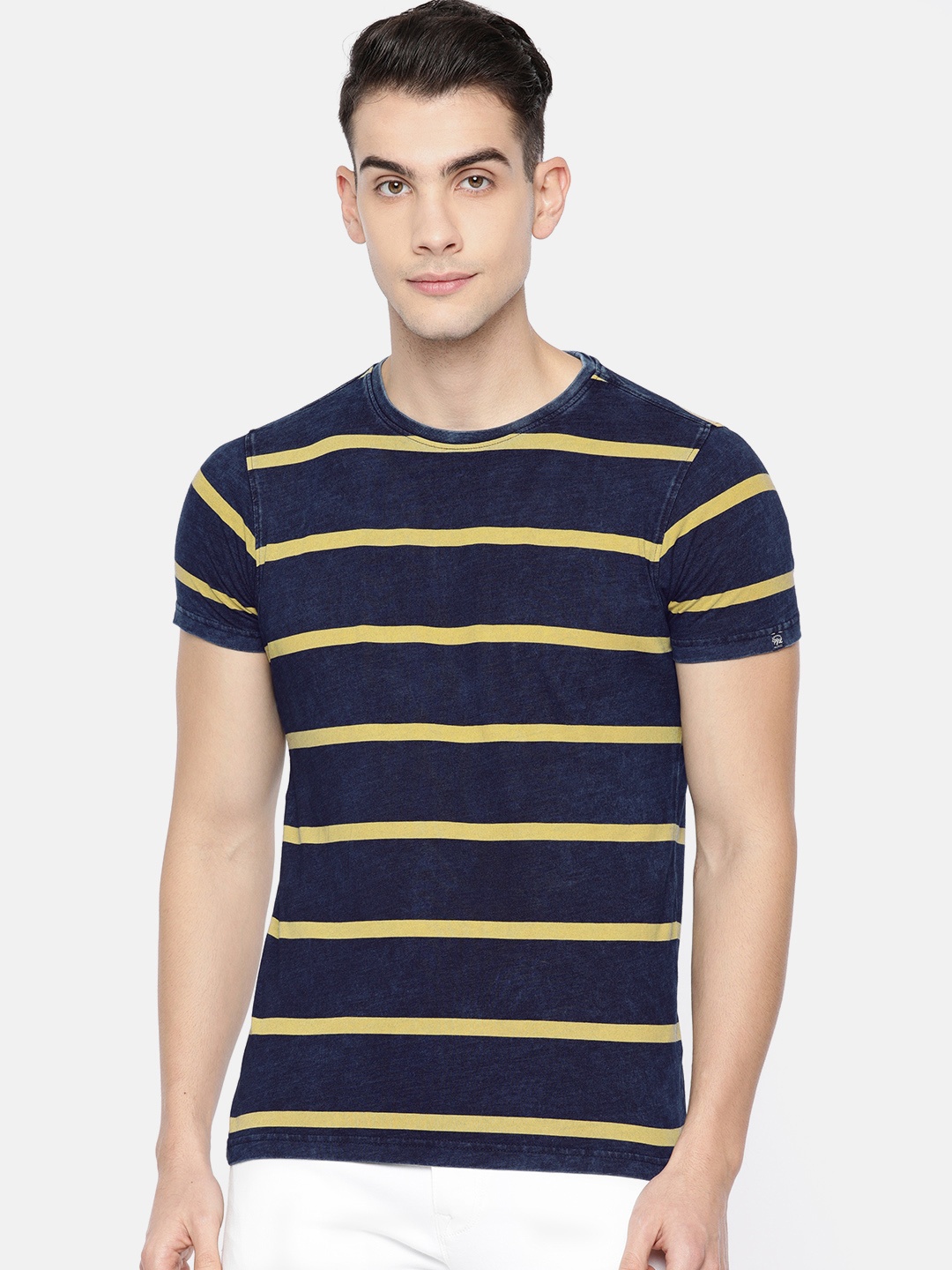 

Pepe Jeans Men Navy Blue Mustard Yellow Slim Fit Striped Round Neck Pure Cotton T-shirt