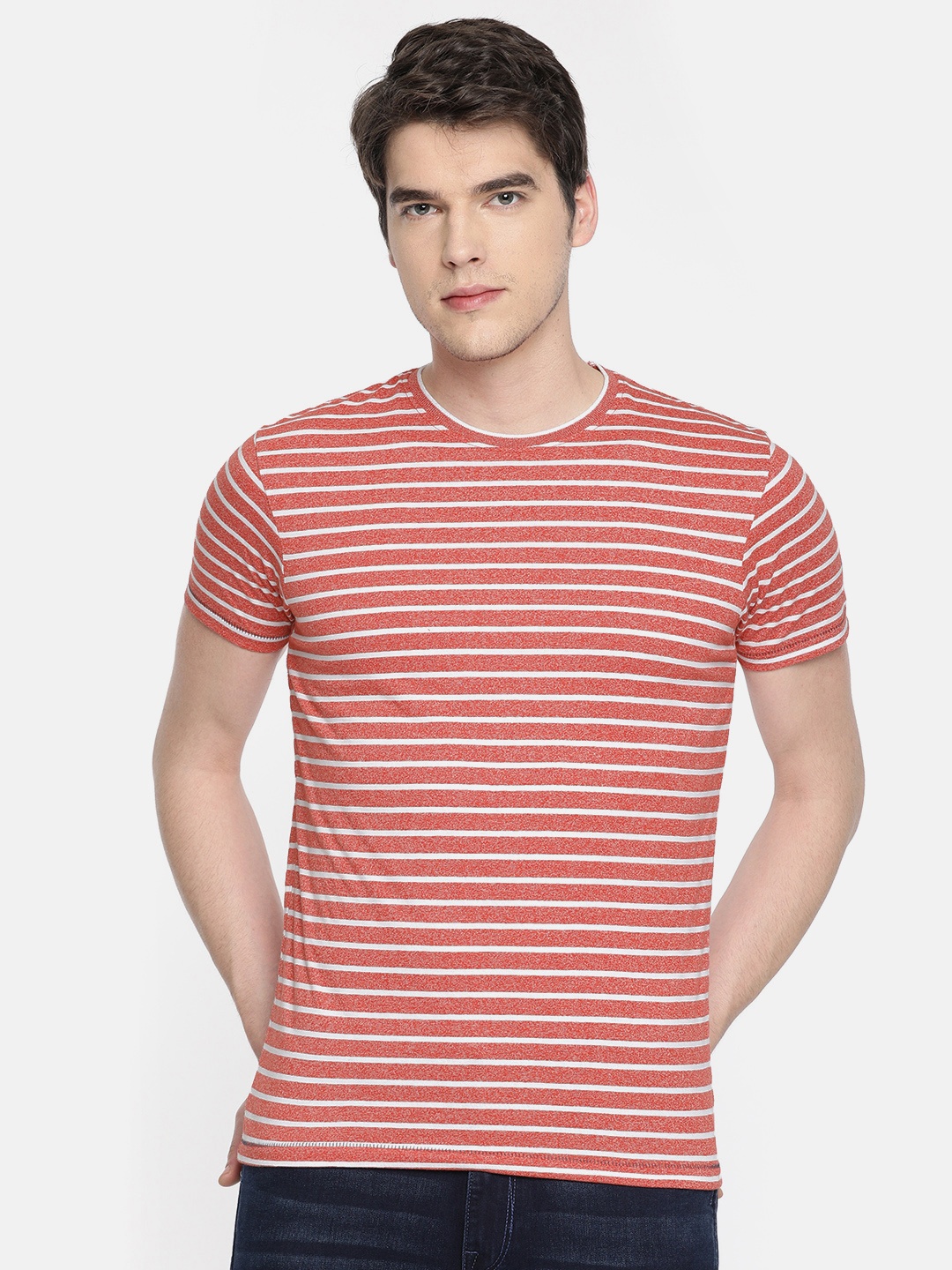 

Pepe Jeans Men Red & White Striped Slim Fit Round Neck T-shirt