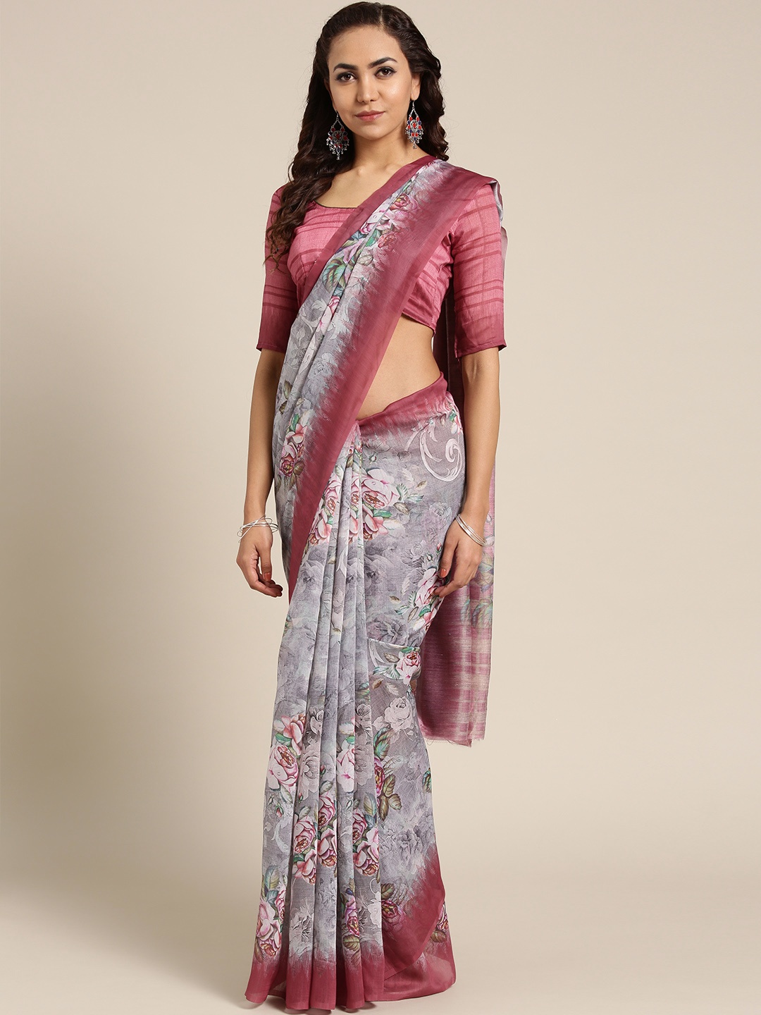 

Saree mall Grey & Maroon Printed Saree