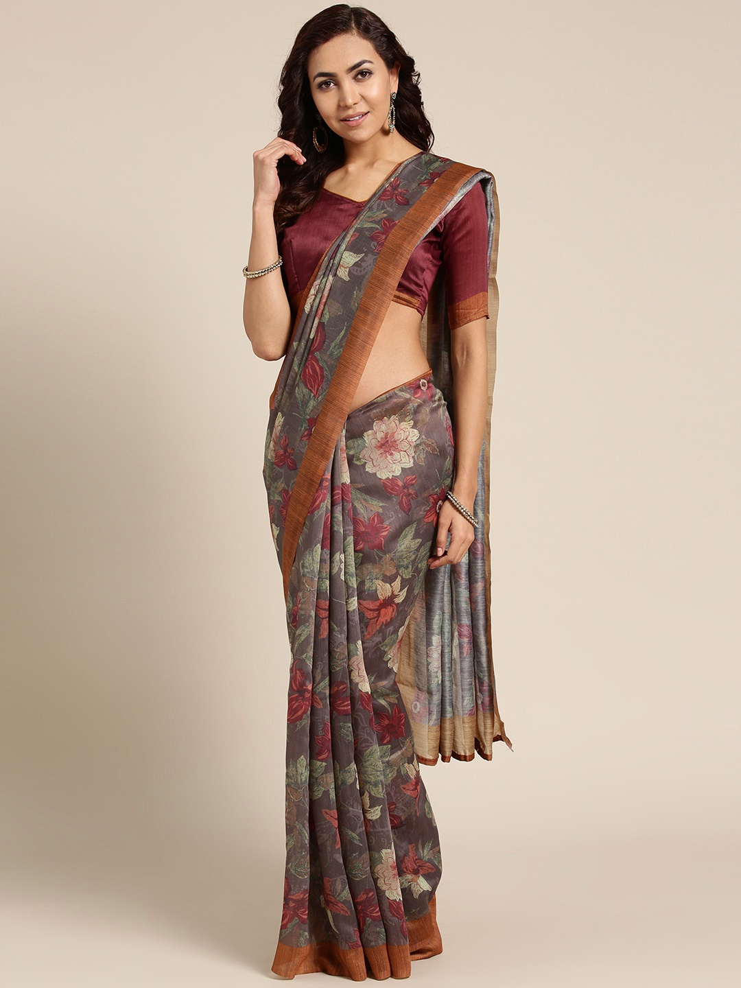 

Saree mall Charcoal Grey & Maroon Printed Saree