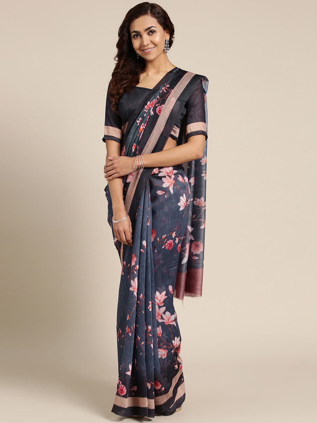 

Saree mall Navy Blue & Peach-Coloured Art Silk Printed Saree