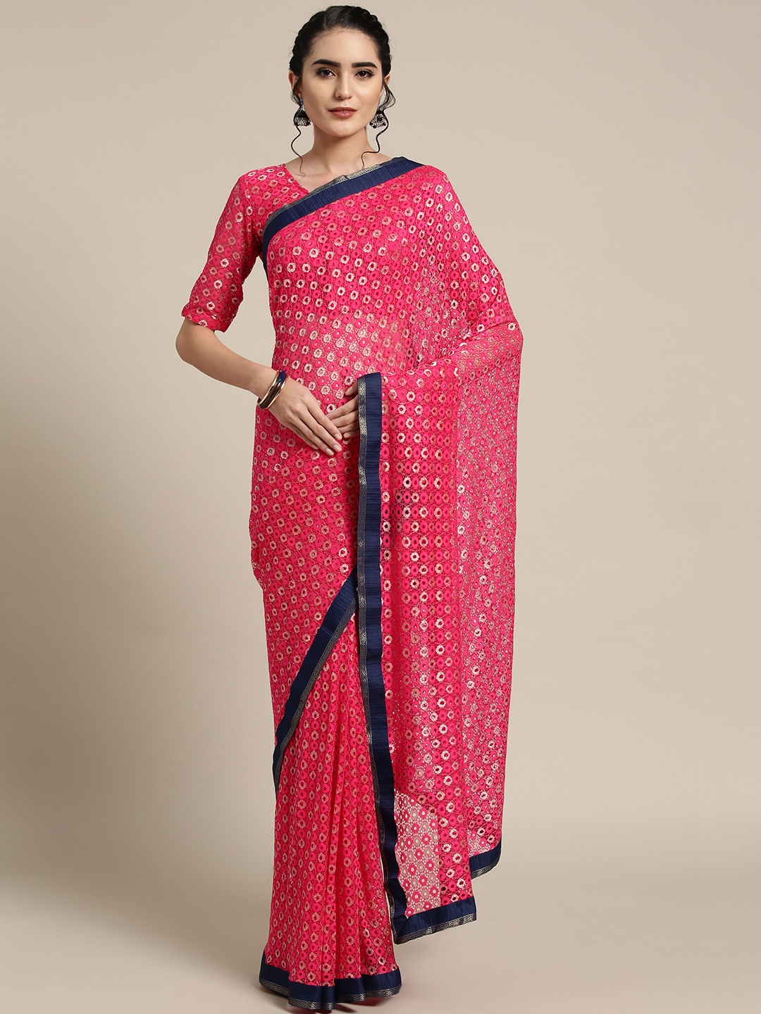 

Saree mall Pink & Gold-Toned Net Woven Design Saree