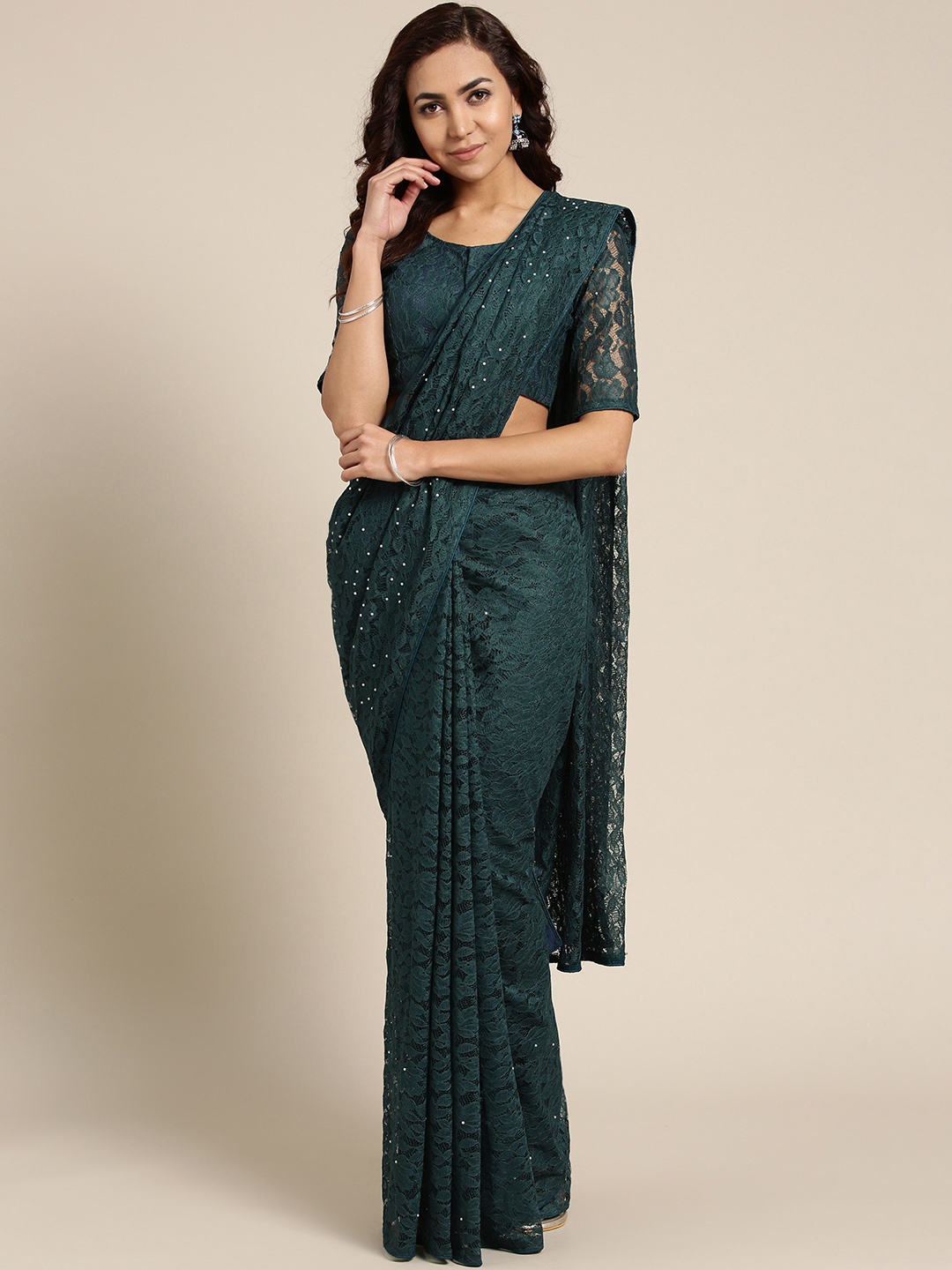 

Saree mall Teal Green Embellished Lace Saree