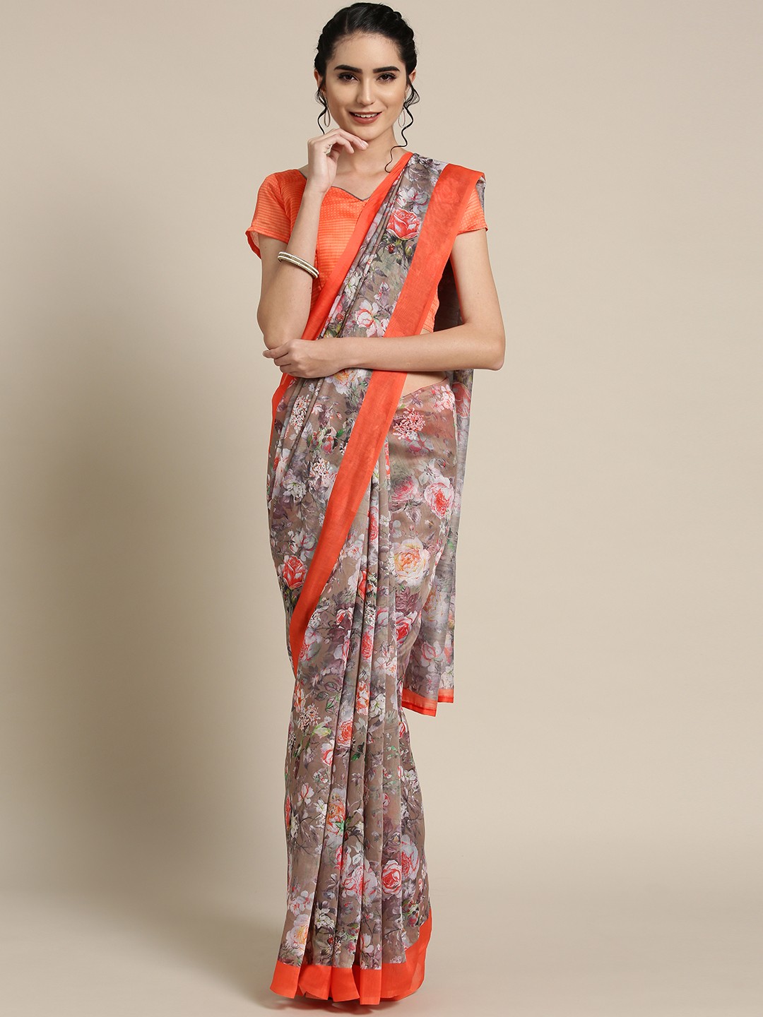 

Saree mall Beige & Orange Floral Print Saree
