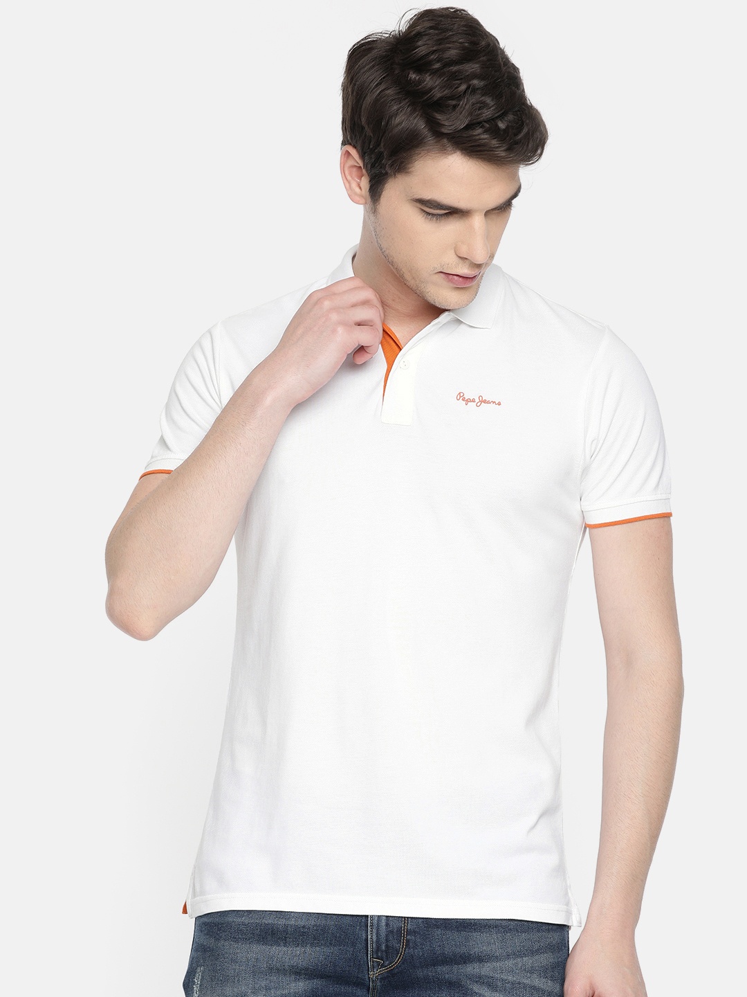 

Pepe Jeans Men White Solid Polo Collar Pure Cotton T-shirt