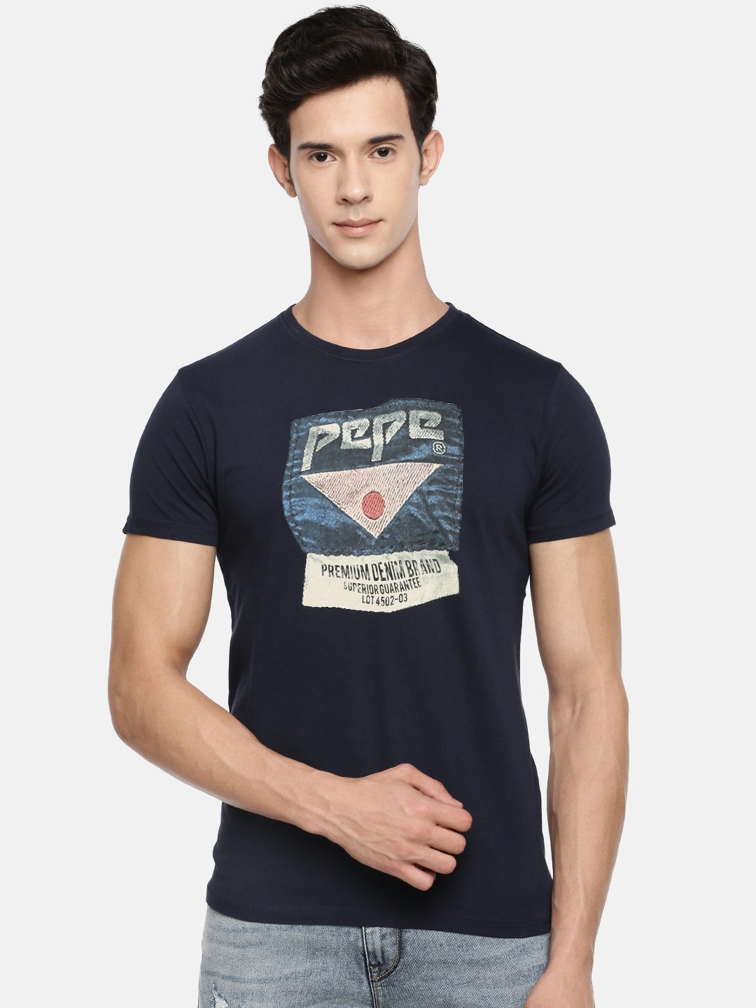 

Pepe Jeans Men Navy Blue Slim Fit Printed Round Neck Pure Cotton T-shirt