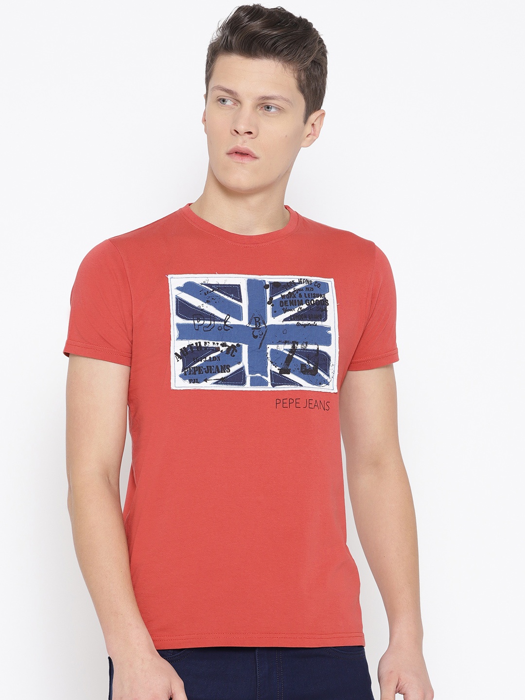 

Pepe Jeans Men Rust Red & Blue Applique Detail Slim Fit Round Neck T-shirt