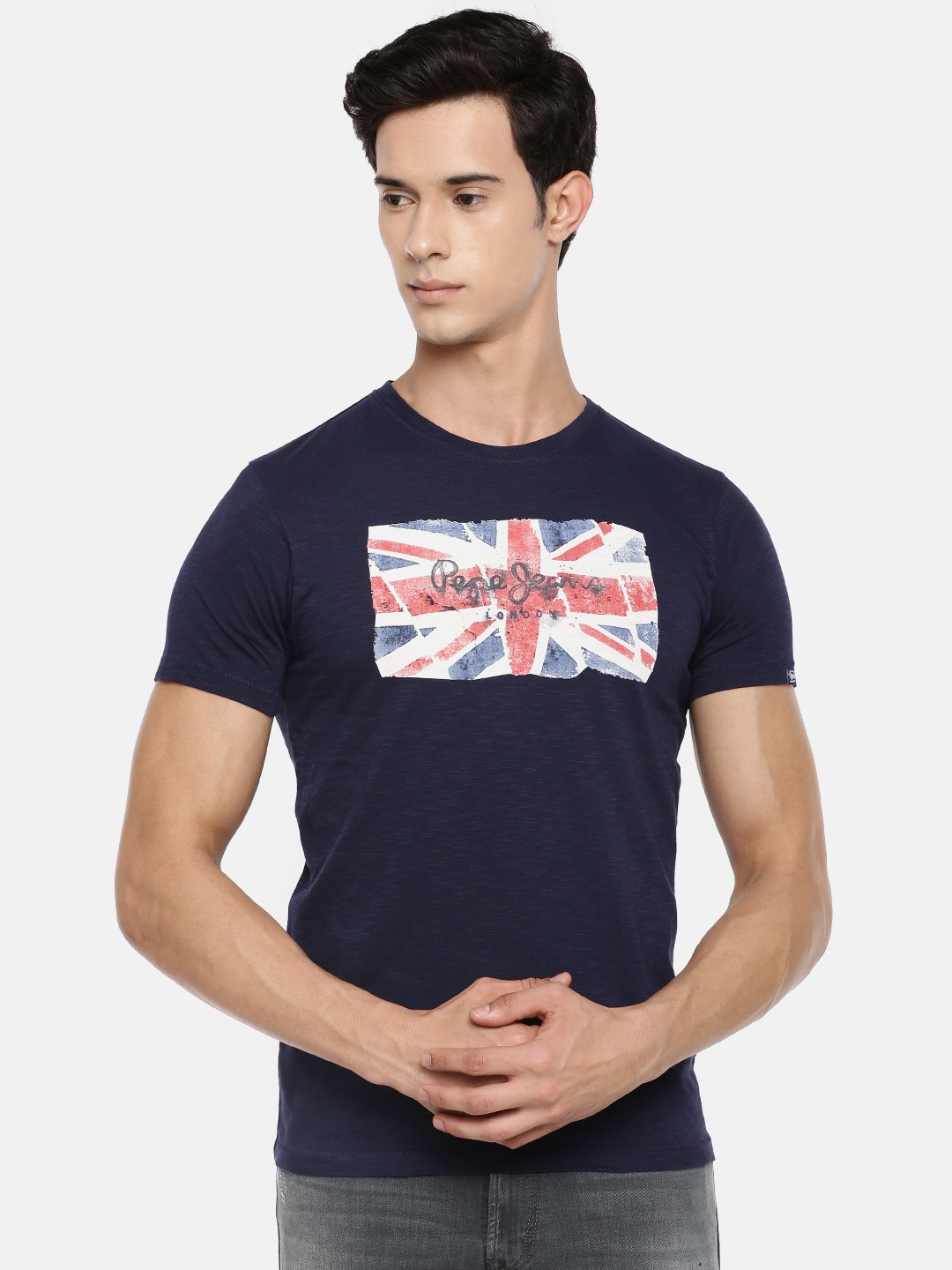 

Pepe Jeans Men Navy Blue Printed Round Neck Pure Cotton T-shirt