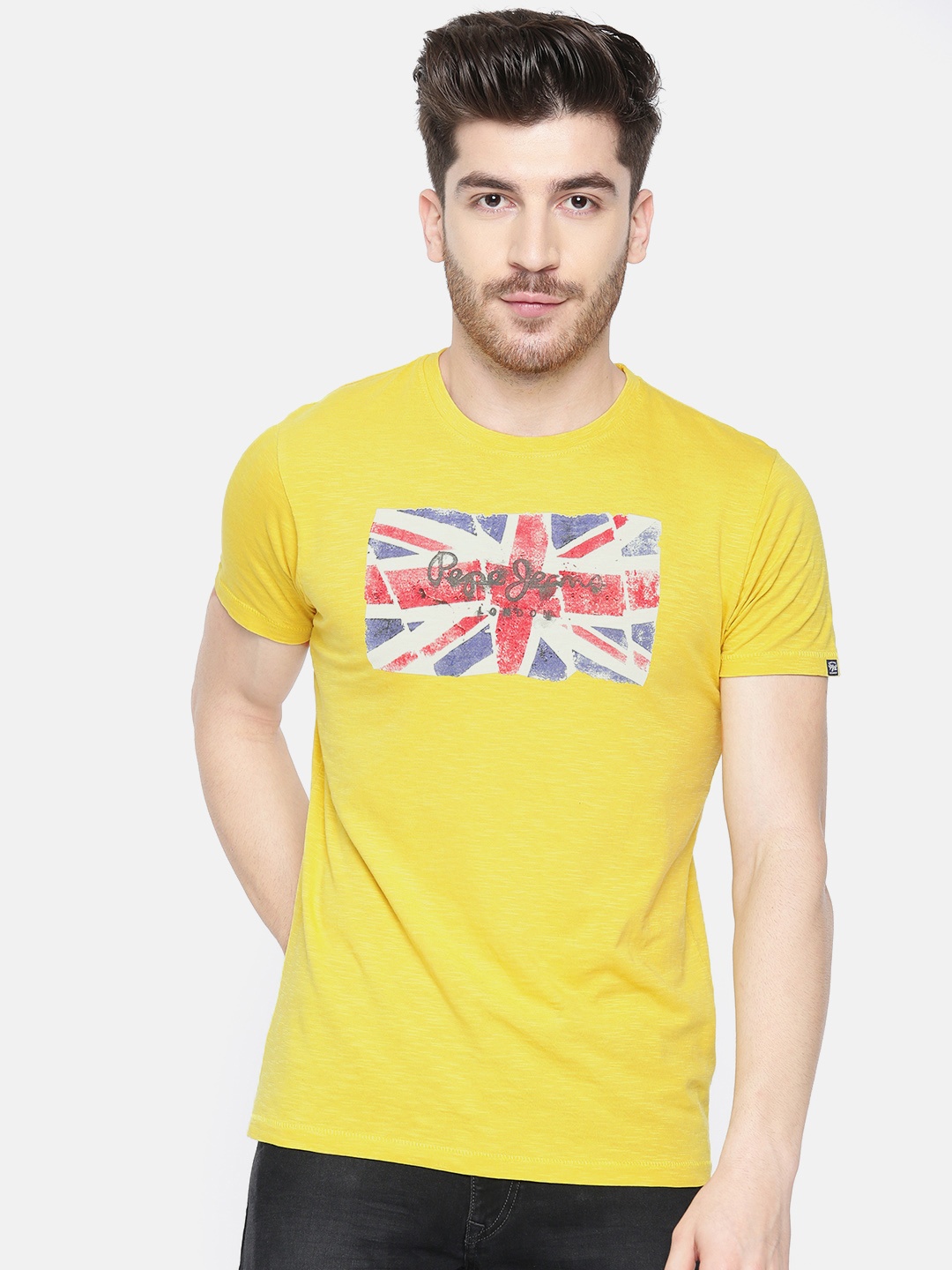 

Pepe Jeans Men Yellow Printed Round Neck Pure Cotton T-shirt